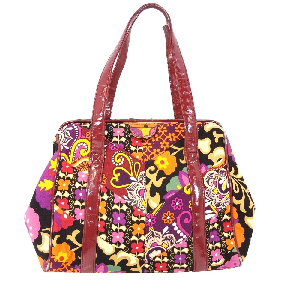 Vera Bradley Hard Frame Satchel Bag Medium Multicolor Floral Paisley Patent Trim